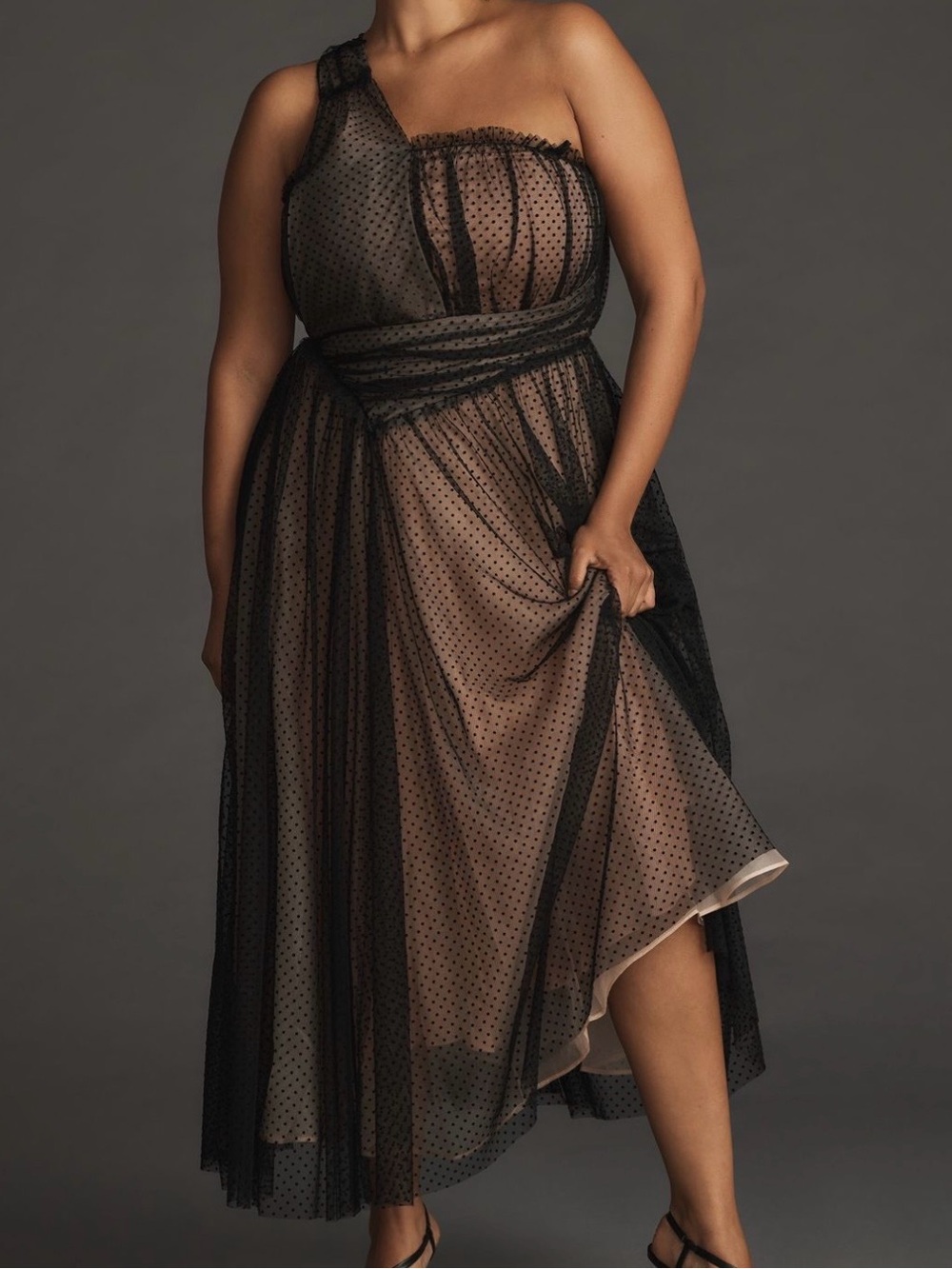 Anthropologie Tulle Black Polka Dot One-Shoulder Midi Dress - size 12
